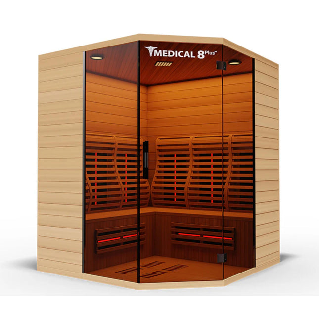 Infrared sauna with wooden design and 'Medical 8 Plus' branding on a white background